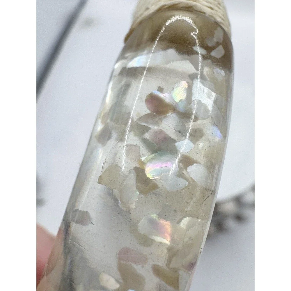 Vtg Lucite Bangle Bracelet Iridescent Inclusions Mother Of Pearl Twine Wrapped